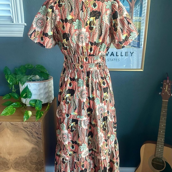 Maeve Anthropologie Coral Green Floral Puff Sleeve Ruffled Skirt Maxi Dress XS - Picture 7 of 11